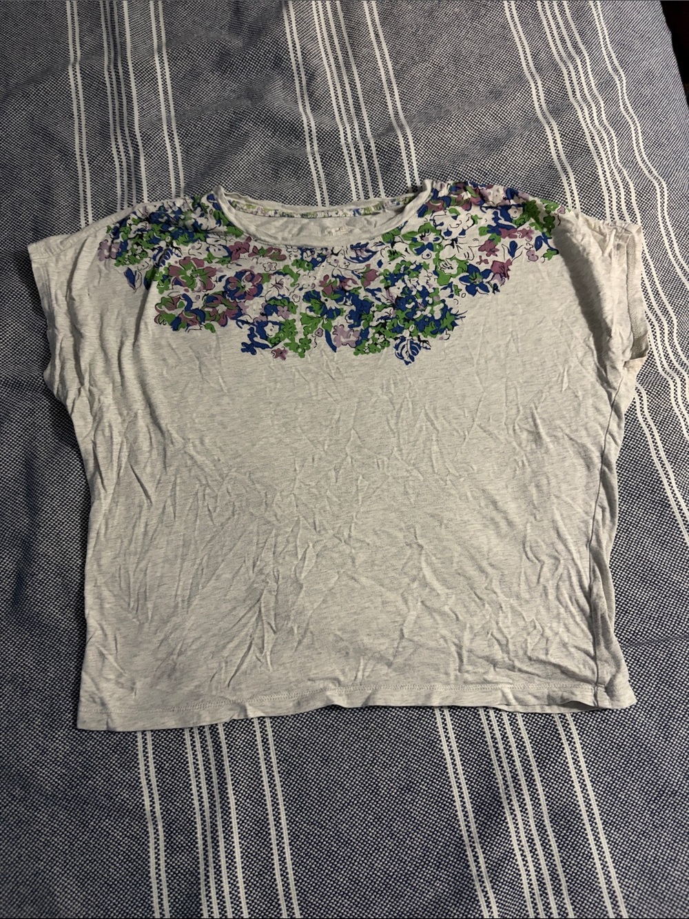 Uniqlo Light Short Sleeve Tee with Blue, Green & Purple Floral Pattern